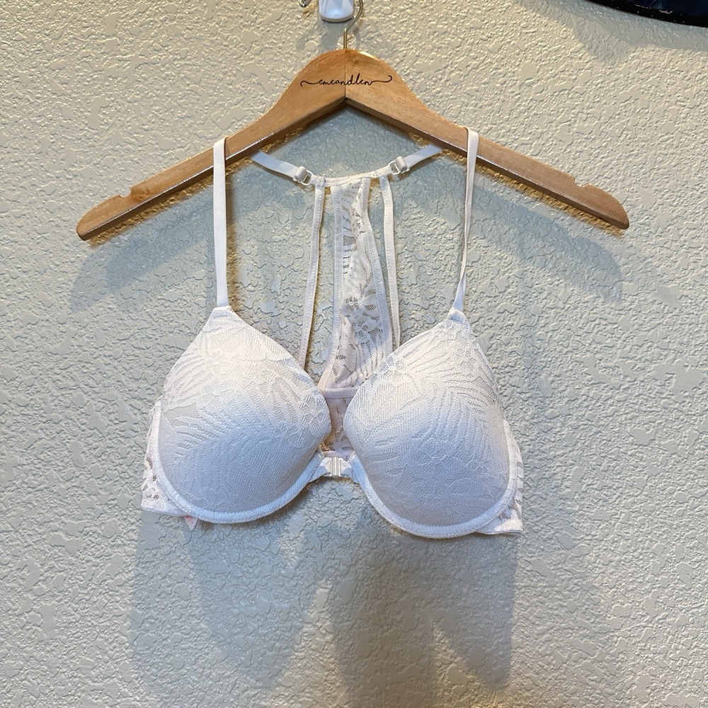 Victorias Secret pink Racer Back Push Up Bra Lace 36b Lightly Lined Front Close